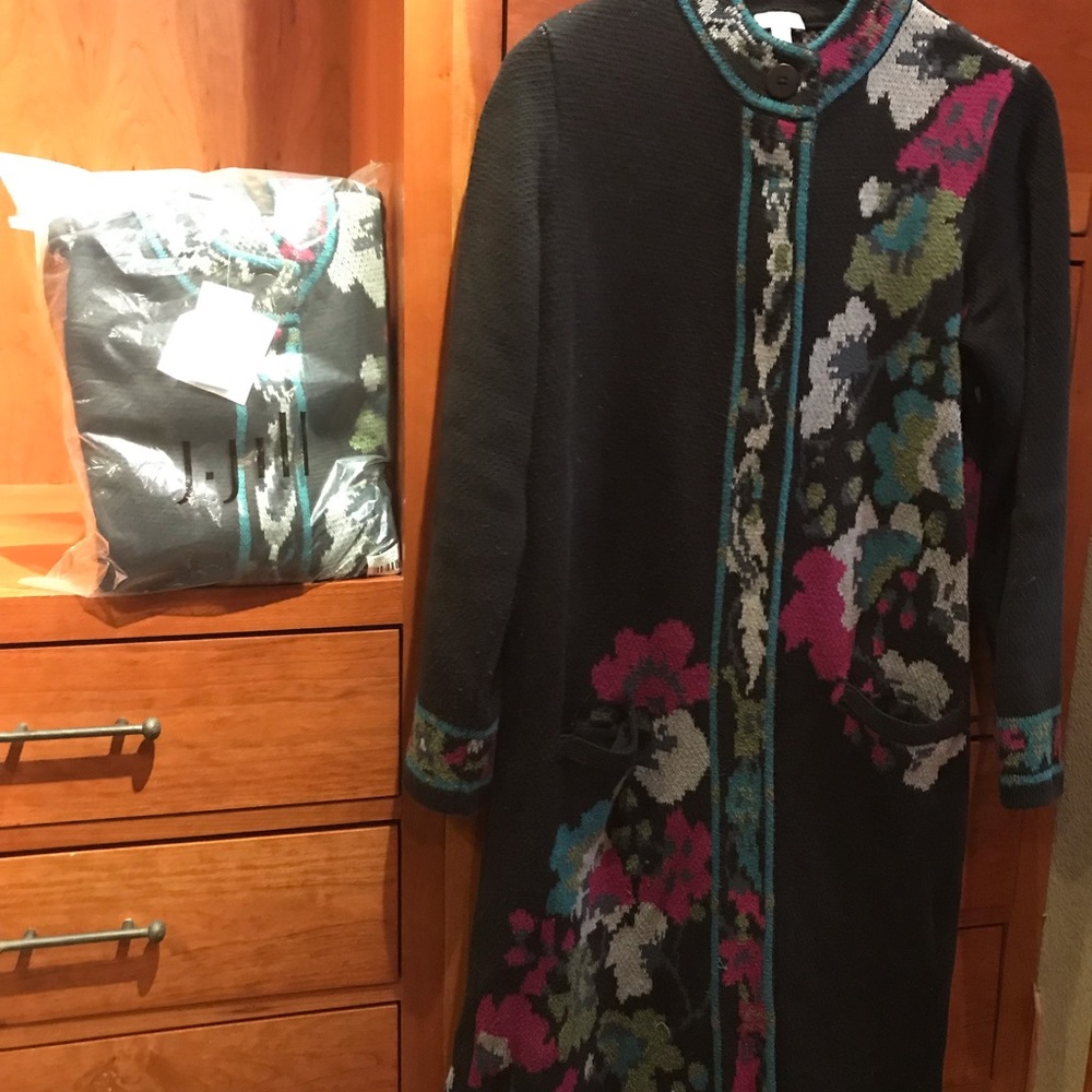 J.Jill Long Sweater Coat Blk w/ Teal & Fucshia